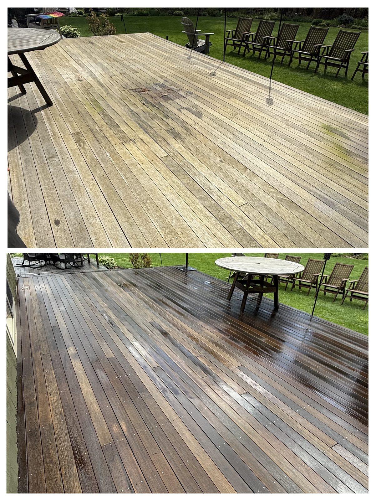 Wooden Deck Cleaning in Kittery. ME before and after pressure washing