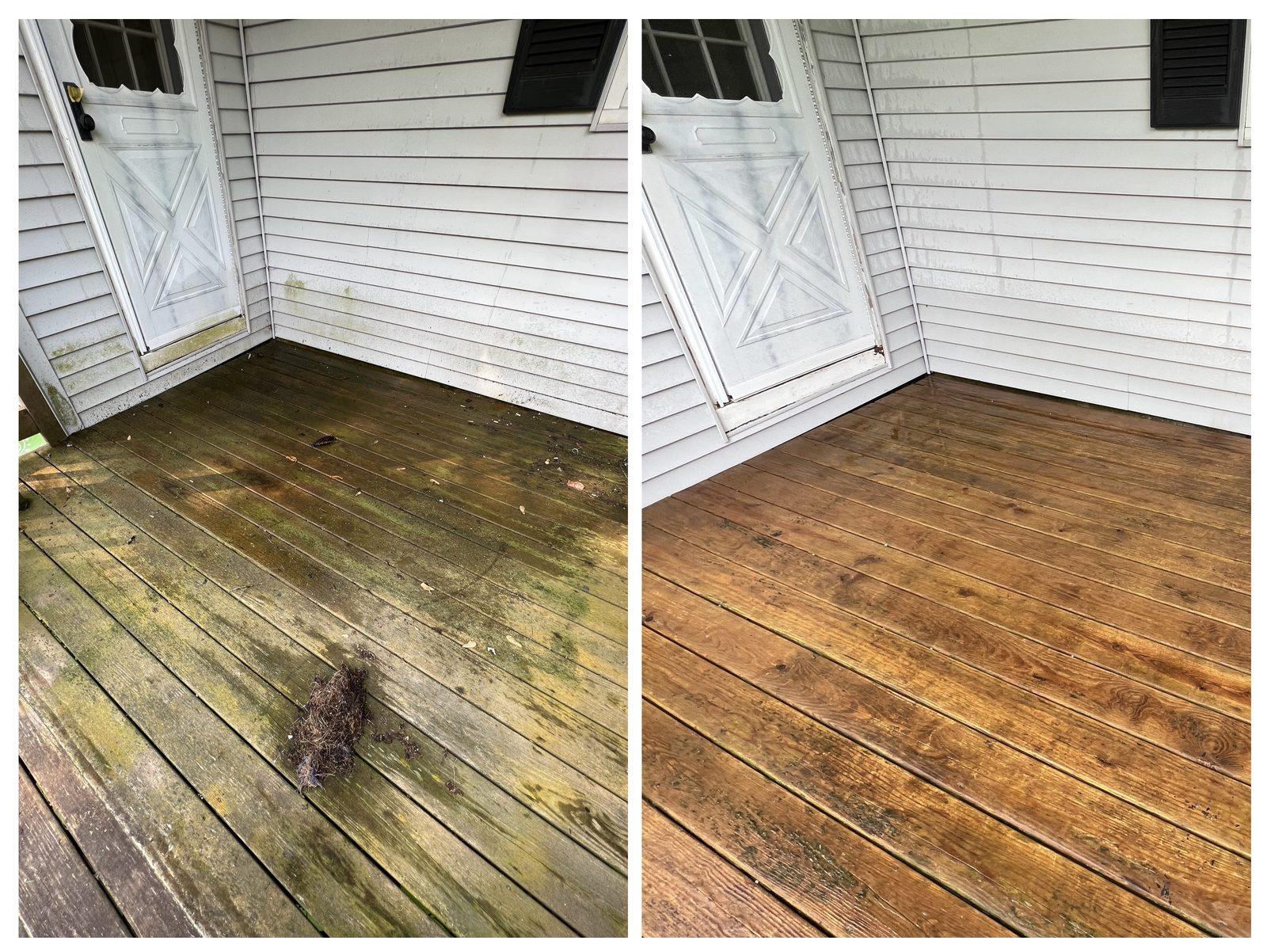 Wooden Deck Cleaning in Portsmouth, NH before and after pressure washing