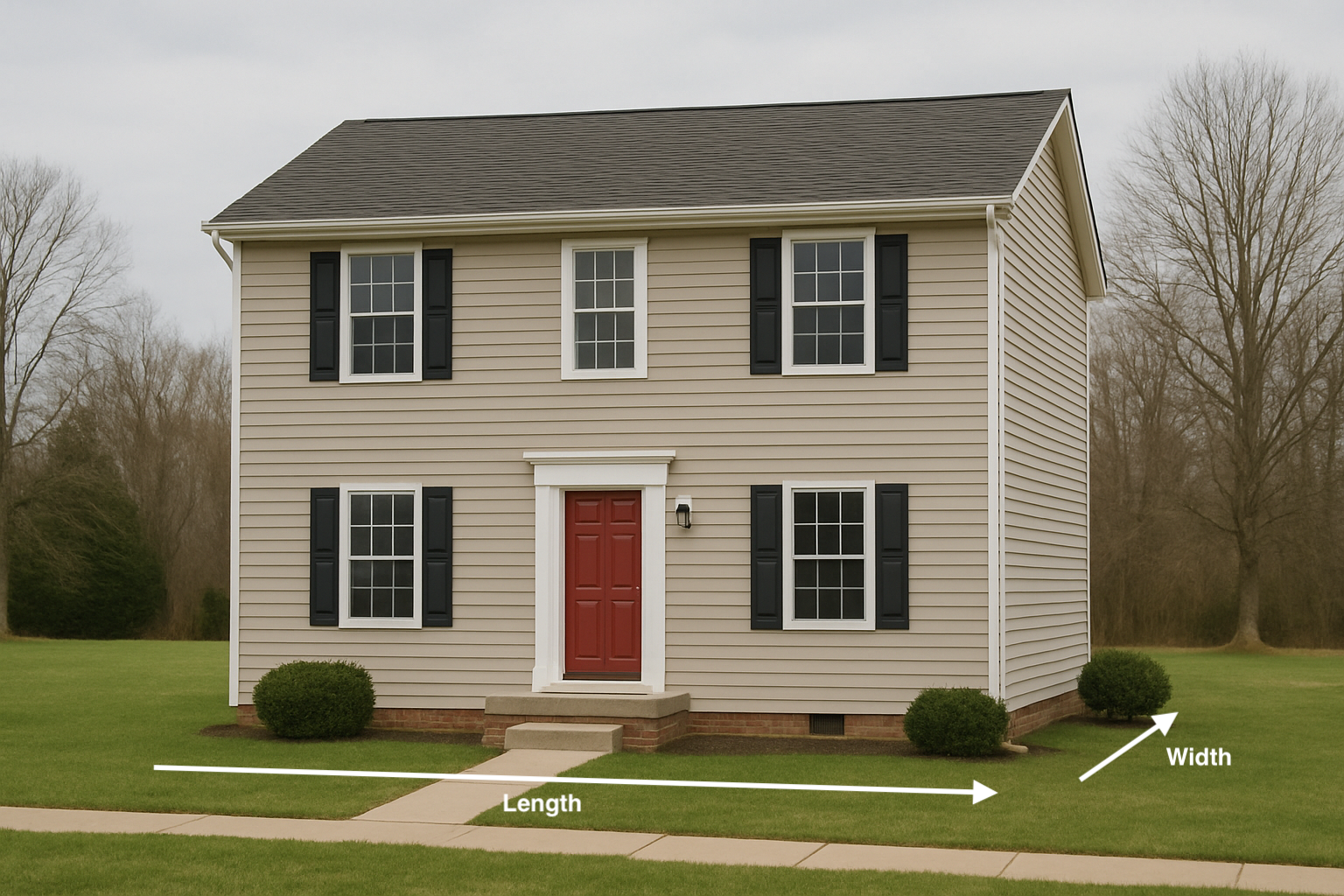 House measurement diagram showing front width, side width, and height